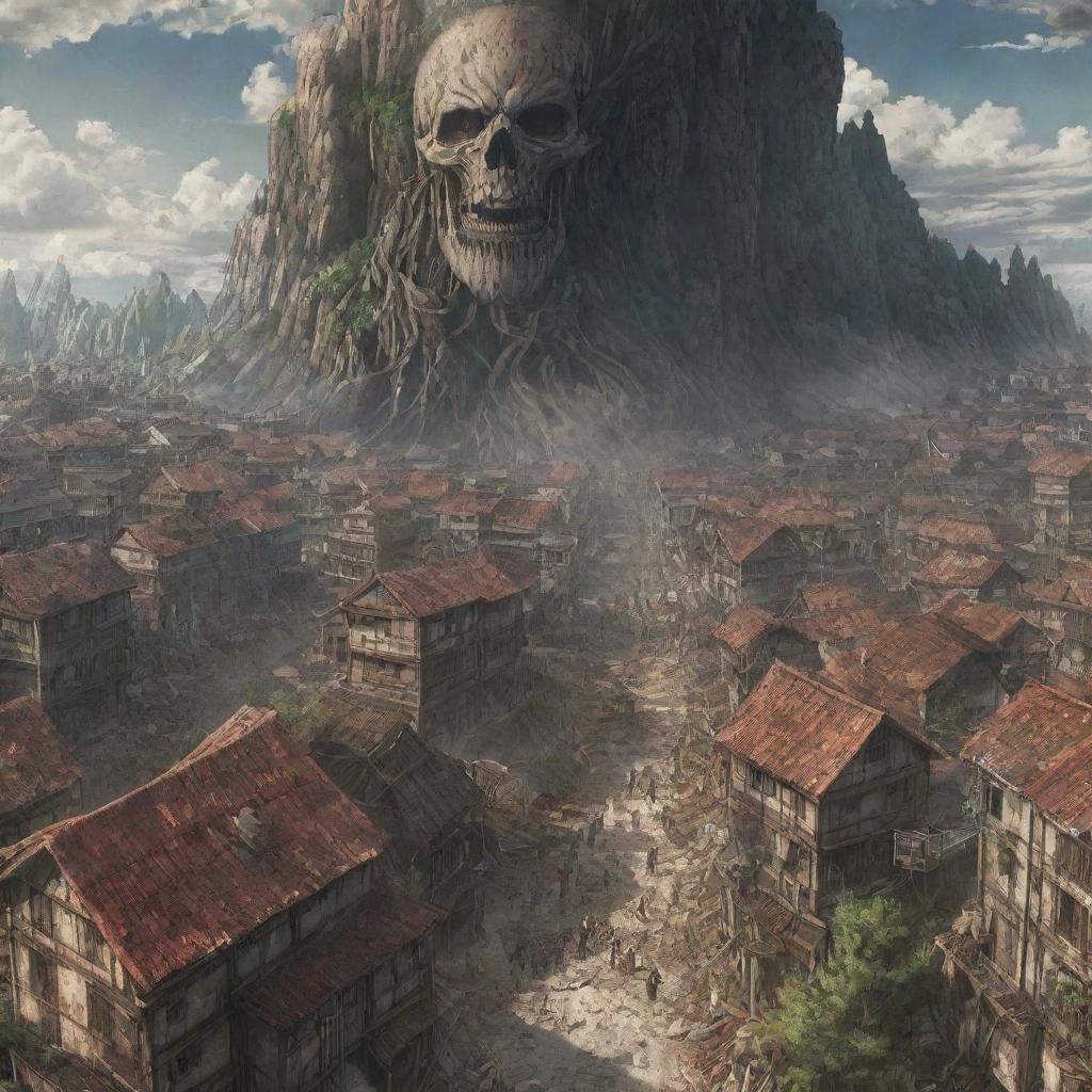 An evolved, intricate depiction of the Shiganshina District from Attack on Titan under attack, featuring colossal, multiple walls in focus, the houses engulfed in chaos, and the terrifying Titans looming over the scene.