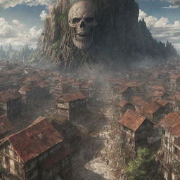 An evolved, intricate depiction of the Shiganshina District from Attack on Titan under attack, featuring colossal, multiple walls in focus, the houses engulfed in chaos, and the terrifying Titans looming over the scene.