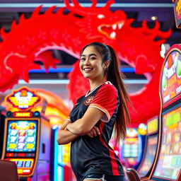 A dynamic scene in a bustling casino featuring a sporty Indonesian woman dressed in a casual football jersey, playfully flirting as she stands next to a colorful slot machine