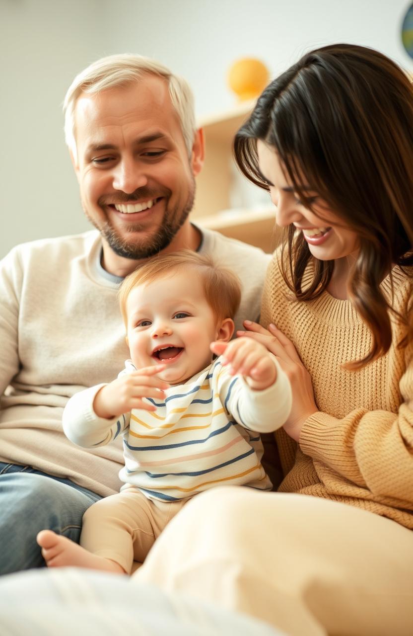 A happy family scene featuring a young child joyfully spending time with their two parents