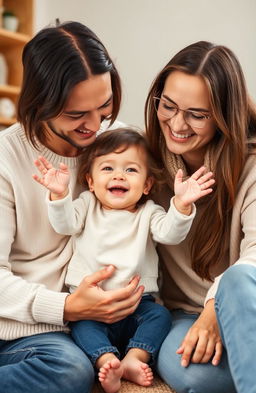 A happy family scene featuring a young child joyfully spending time with their two parents