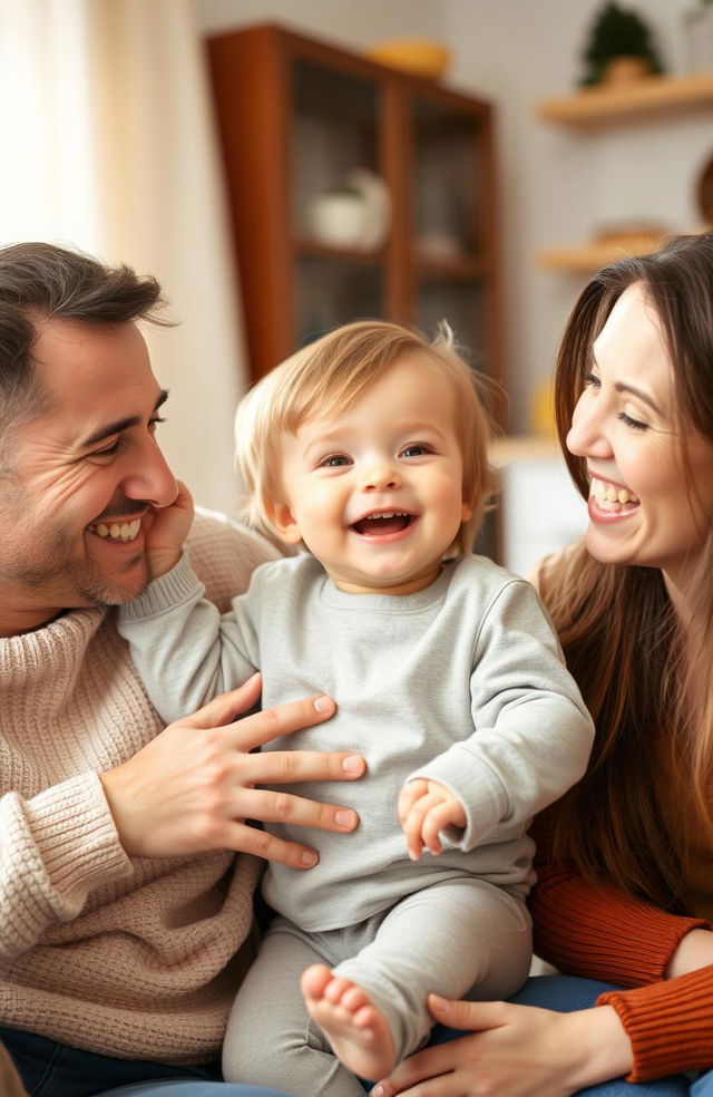 A happy family scene featuring a young child joyfully spending time with their two parents