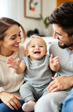 A happy family scene featuring a young child joyfully spending time with their two parents