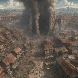 An evolved, intricate depiction of the Shiganshina District from Attack on Titan under attack, featuring colossal, multiple walls in focus, the houses engulfed in chaos, and the terrifying Titans looming over the scene.