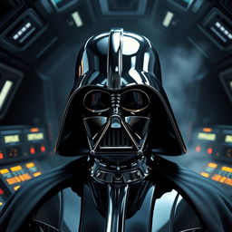 A striking and highly detailed depiction of Darth Vader in a chrome finish, reflecting light in various ways while maintaining his iconic features such as the helmet and suit