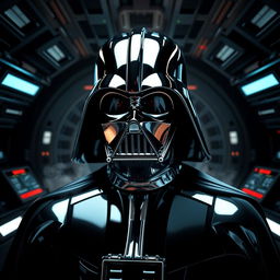 A striking and highly detailed depiction of Darth Vader in a chrome finish, reflecting light in various ways while maintaining his iconic features such as the helmet and suit