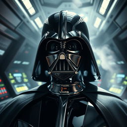 A striking and highly detailed depiction of Darth Vader in a chrome finish, reflecting light in various ways while maintaining his iconic features such as the helmet and suit