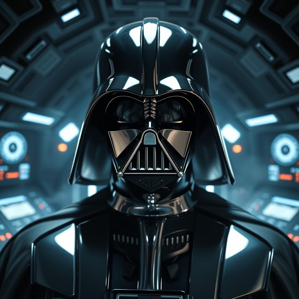 A striking and highly detailed depiction of Darth Vader in a chrome finish, reflecting light in various ways while maintaining his iconic features such as the helmet and suit