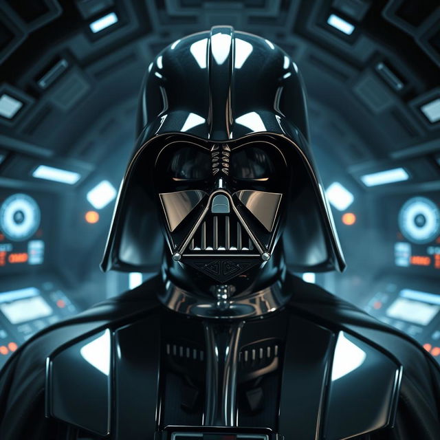 A striking and highly detailed depiction of Darth Vader in a chrome finish, reflecting light in various ways while maintaining his iconic features such as the helmet and suit