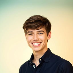 A stylish and modern profile picture featuring a confident young adult with short brown hair and a bright smile, wearing a casual navy blue shirt
