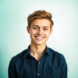 A stylish and modern profile picture featuring a confident young adult with short brown hair and a bright smile, wearing a casual navy blue shirt