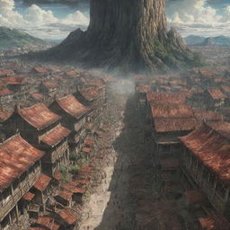 An evolved, intricate depiction of the Shiganshina District from Attack on Titan under attack, featuring colossal, multiple walls in focus, the houses engulfed in chaos, and the terrifying Titans looming over the scene.