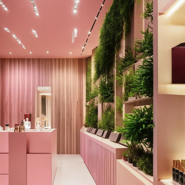 An elegant perfume store interior featuring a wall adorned with artificial plants. The color scheme is a delicate mix of pink, wood tones, and white.