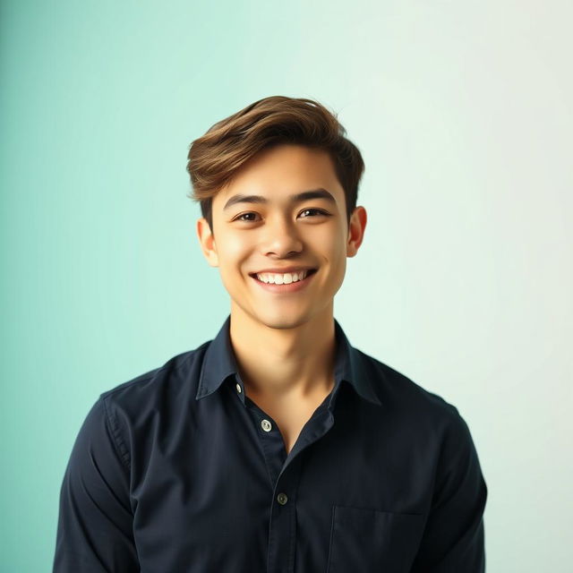 A stylish and modern profile picture featuring a confident young adult with short brown hair and a bright smile, wearing a casual navy blue shirt