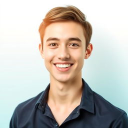 A stylish and modern profile picture featuring a confident young adult with short brown hair and a bright smile, wearing a casual navy blue shirt