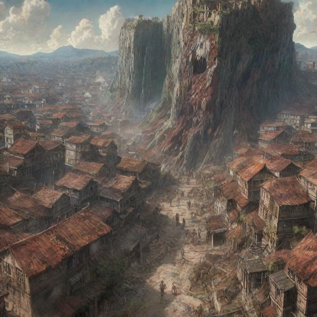 An evolved, intricate depiction of the Shiganshina District from Attack on Titan under attack, featuring colossal, multiple walls in focus, the houses engulfed in chaos, and the terrifying Titans looming over the scene.