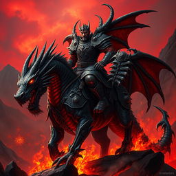A powerful and majestic Dragonborn Hell Rider, clad in intricately designed, blackened armor adorned with ornate runes and fiery motifs
