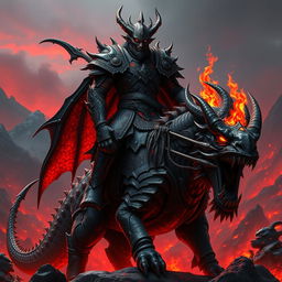 A powerful and majestic Dragonborn Hell Rider, clad in intricately designed, blackened armor adorned with ornate runes and fiery motifs