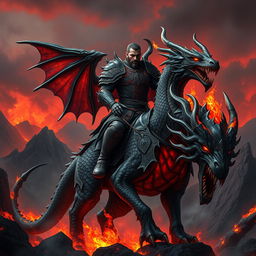 A powerful and majestic Dragonborn Hell Rider, clad in intricately designed, blackened armor adorned with ornate runes and fiery motifs