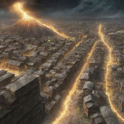 A dynamic depiction of the Shiganshina District from Attack on Titan where beyond its colossal walls, an unexpected yellow lightning strikes, adding a dramatic hint of unpredictability to the chaotic scene.