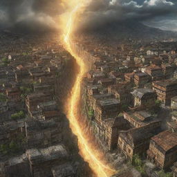 A dynamic depiction of the Shiganshina District from Attack on Titan where beyond its colossal walls, an unexpected yellow lightning strikes, adding a dramatic hint of unpredictability to the chaotic scene.