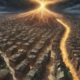 A dynamic depiction of the Shiganshina District from Attack on Titan where beyond its colossal walls, an unexpected yellow lightning strikes, adding a dramatic hint of unpredictability to the chaotic scene.