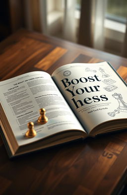 An artistic representation of a chess book titled 'Boost Your Chess', featuring an intricate and elegant cover design
