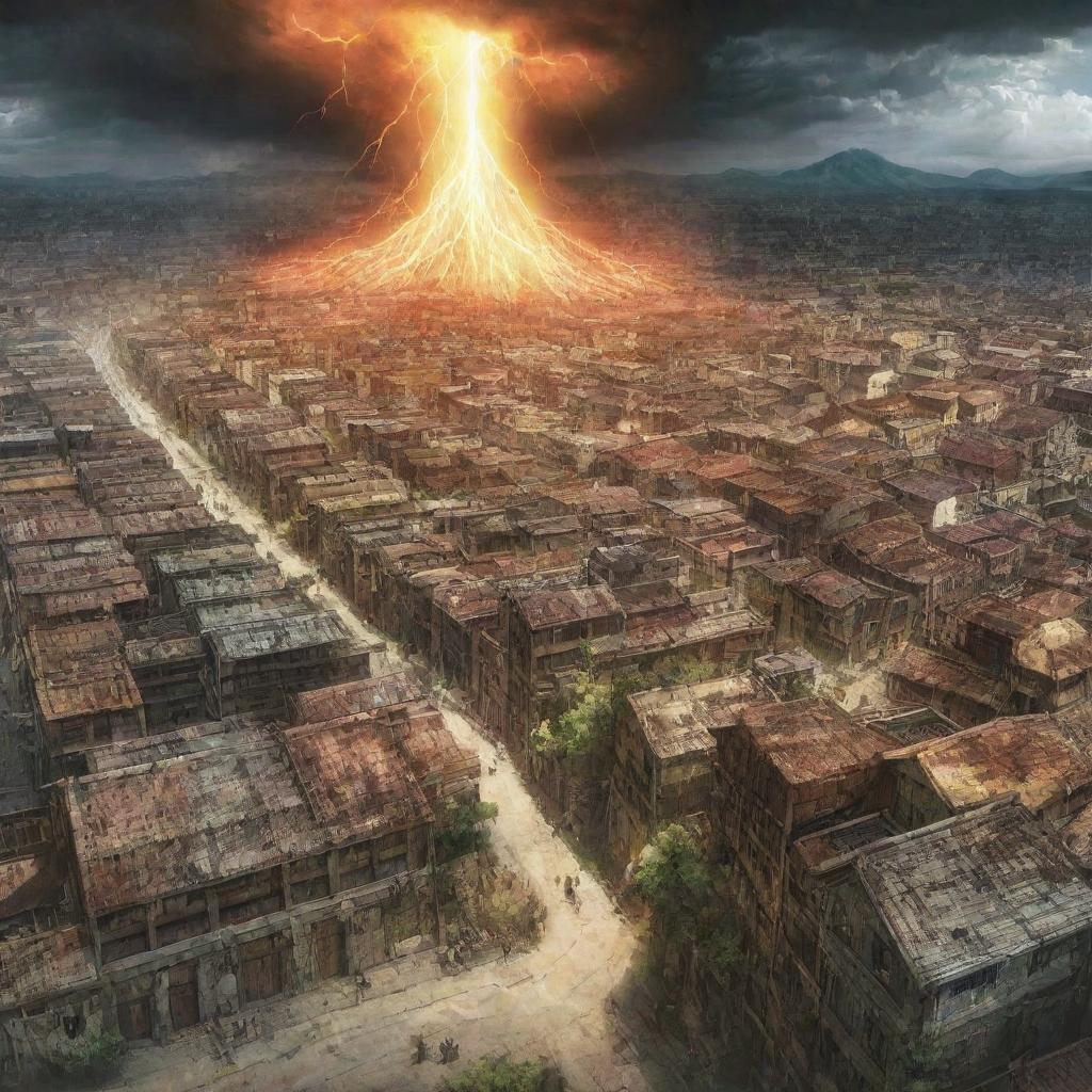 A dynamic depiction of the Shiganshina District from Attack on Titan where beyond its colossal walls, an unexpected yellow lightning strikes, adding a dramatic hint of unpredictability to the chaotic scene.