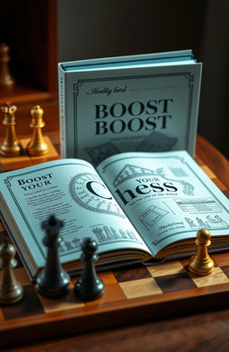 An artistic representation of a chess book titled 'Boost Your Chess', featuring an intricate and elegant cover design