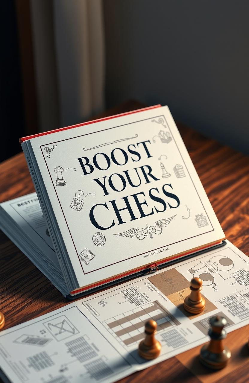 An artistic representation of a chess book titled 'Boost Your Chess', featuring an intricate and elegant cover design