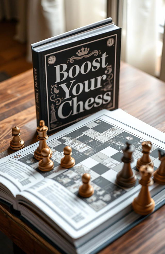 An artistic representation of a chess book titled 'Boost Your Chess', featuring an intricate and elegant cover design