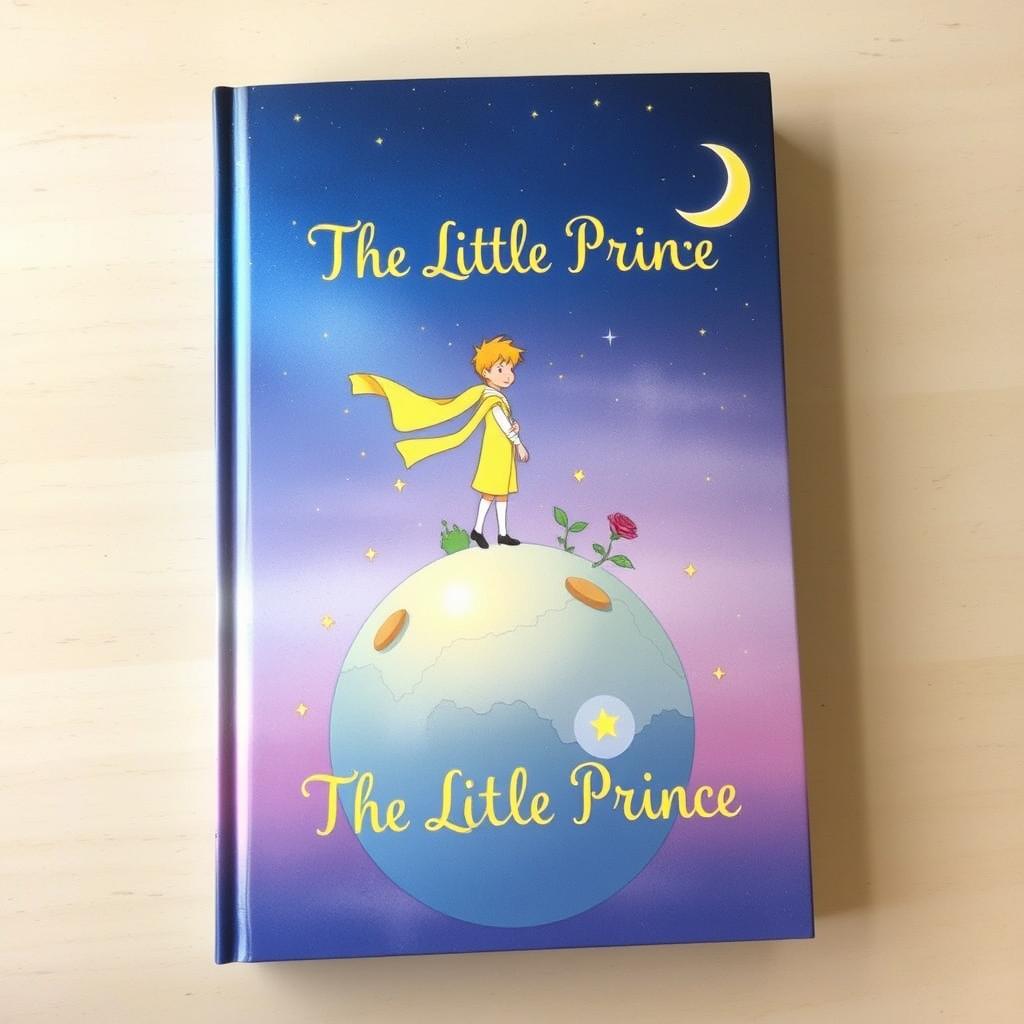 A whimsical and enchanting book cover for 'The Little Prince', featuring the iconic image of a small boy in a flowing yellow scarf, standing atop a tiny planet surrounded by stars