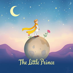 A whimsical and enchanting book cover for 'The Little Prince', featuring the iconic image of a small boy in a flowing yellow scarf, standing atop a tiny planet surrounded by stars