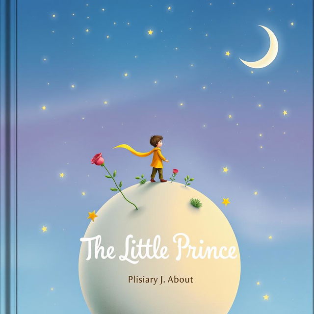 A whimsical and enchanting book cover for 'The Little Prince', featuring the iconic image of a small boy in a flowing yellow scarf, standing atop a tiny planet surrounded by stars