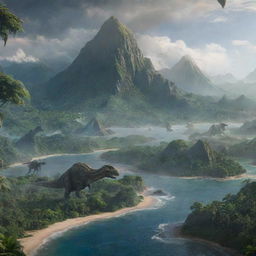 Isla Nublar from Jurassic World featuring lush green forests, towering mountains, vast seascape and dinosaurs.