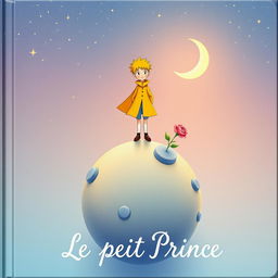 Une couverture de livre enchantée pour 'Le Petit Prince', mettant en avant l'image emblématique d'un petit garçon en écharpe jaune, se tenant au sommet d'une petite planète entourée d'étoiles
