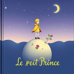 Une couverture de livre enchantée pour 'Le Petit Prince', mettant en avant l'image emblématique d'un petit garçon en écharpe jaune, se tenant au sommet d'une petite planète entourée d'étoiles