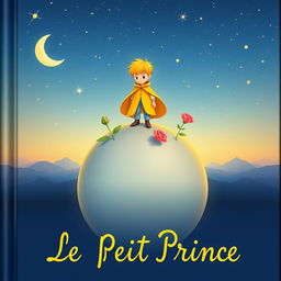 Une couverture de livre enchantée pour 'Le Petit Prince', mettant en avant l'image emblématique d'un petit garçon en écharpe jaune, se tenant au sommet d'une petite planète entourée d'étoiles