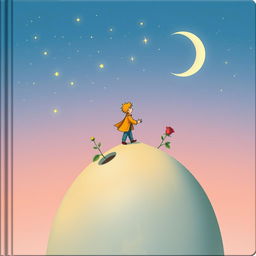 Une couverture de livre enchantée pour 'Le Petit Prince', mettant en avant l'image emblématique d'un petit garçon en écharpe jaune, se tenant au sommet d'une petite planète entourée d'étoiles