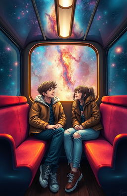 A captivating scene depicting a guy and a girl sitting inside a train carriage, surrounded by a stunning galaxy background