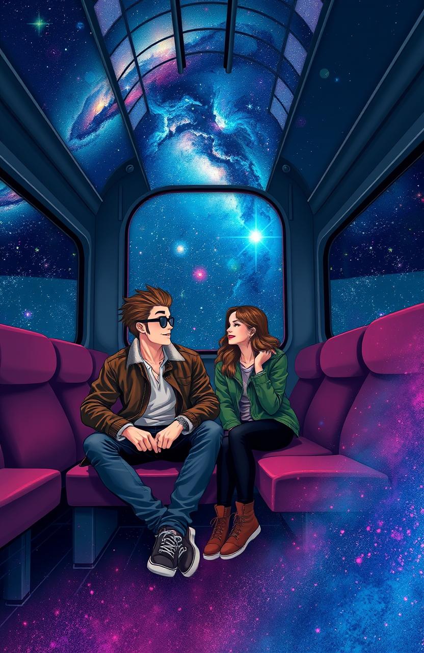 A captivating scene depicting a guy and a girl sitting inside a train carriage, surrounded by a stunning galaxy background