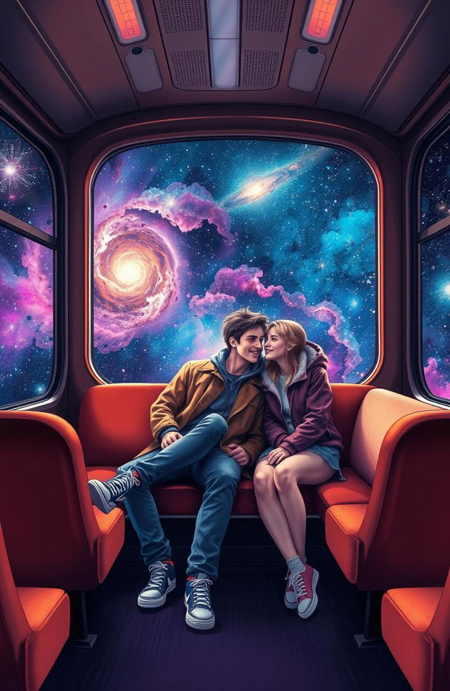 A captivating scene depicting a guy and a girl sitting inside a train carriage, surrounded by a stunning galaxy background