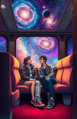 A captivating scene depicting a guy and a girl sitting inside a train carriage, surrounded by a stunning galaxy background