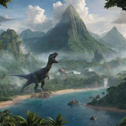 Isla Nublar from Jurassic World featuring lush green forests, towering mountains, vast seascape and dinosaurs.