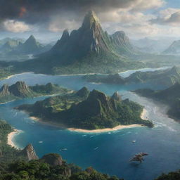 Isla Nublar from Jurassic World featuring lush green forests, towering mountains, vast seascape and dinosaurs.