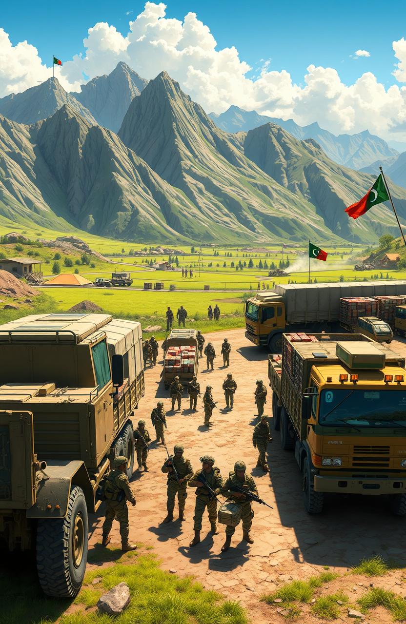 A stunningly detailed illustration of Pakistan Army logistics in action, featuring military trucks and supply vehicles on an active base
