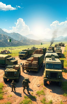 A stunningly detailed illustration of Pakistan Army logistics in action, featuring military trucks and supply vehicles on an active base