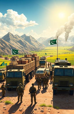 A stunningly detailed illustration of Pakistan Army logistics in action, featuring military trucks and supply vehicles on an active base