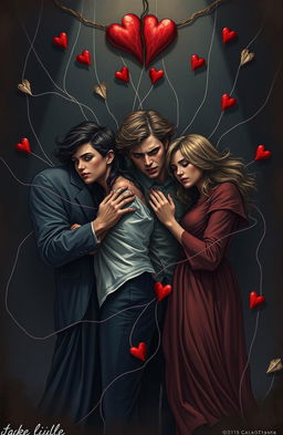 A dramatic scene illustrating three couples intertwined in a metaphorical web, symbolizing lies, love, betrayal, hatred, and heartbreak
