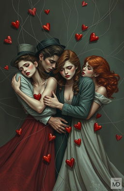 A dramatic scene illustrating three couples intertwined in a metaphorical web, symbolizing lies, love, betrayal, hatred, and heartbreak